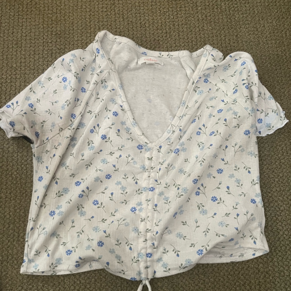 White and Blue Floral Top cropped